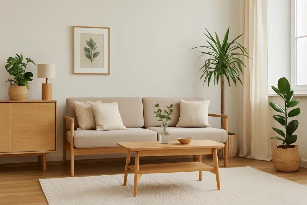 Eco-friendly living room with wooden furniture, indoor plants, and natural light