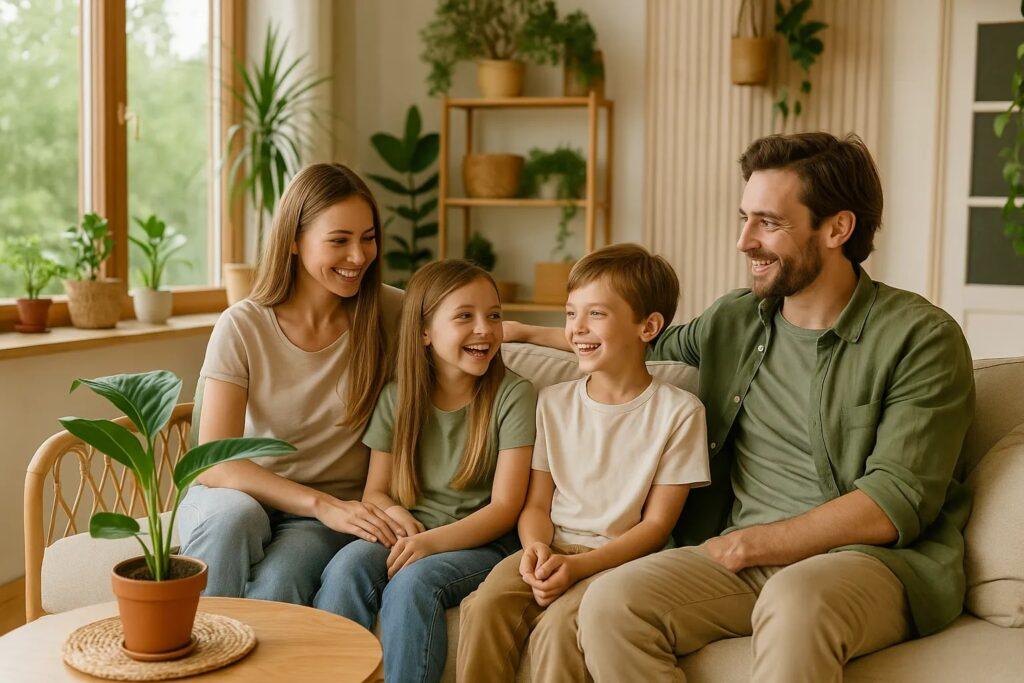 Happy family enjoying a sustainable eco-friendly home