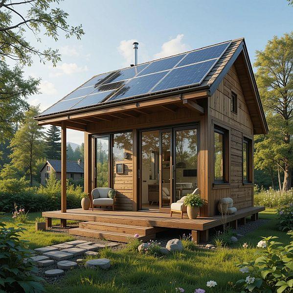 Sustainable eco home with solar panels and eco-friendly design