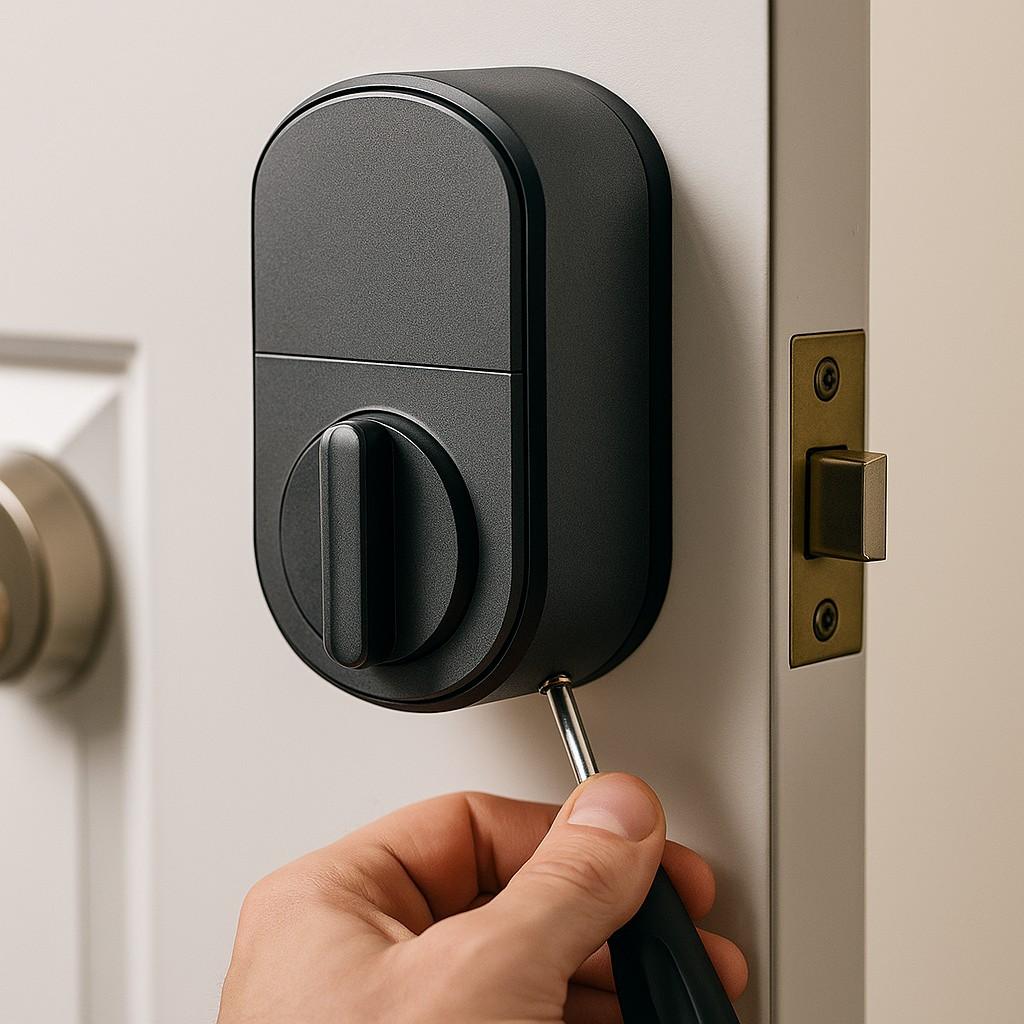 Close-up of a finger unlocking a smart lock with a fingerprint sensor and backlit keypad