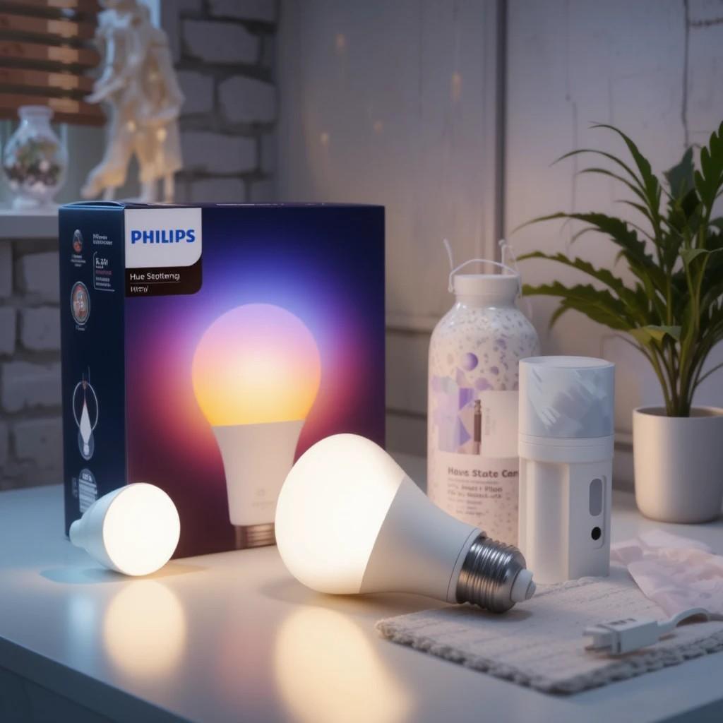 Philips Hue lighting starter kit on a table — Bridge and smart bulbs glowing (2025)