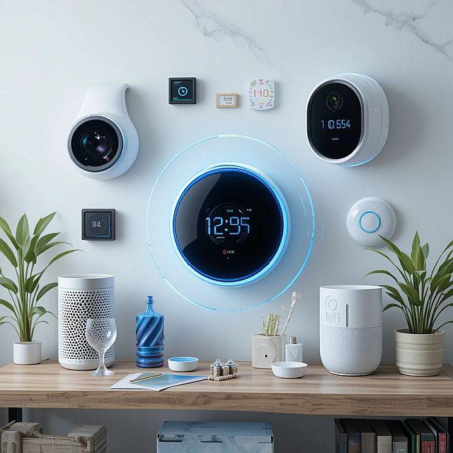 Smart home devices 2025 on modern dashboard with thermostat, camera, and sensors.