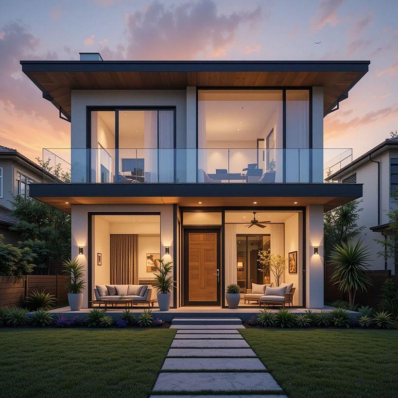 Smart home exterior 2025 with modern design and smart security features.