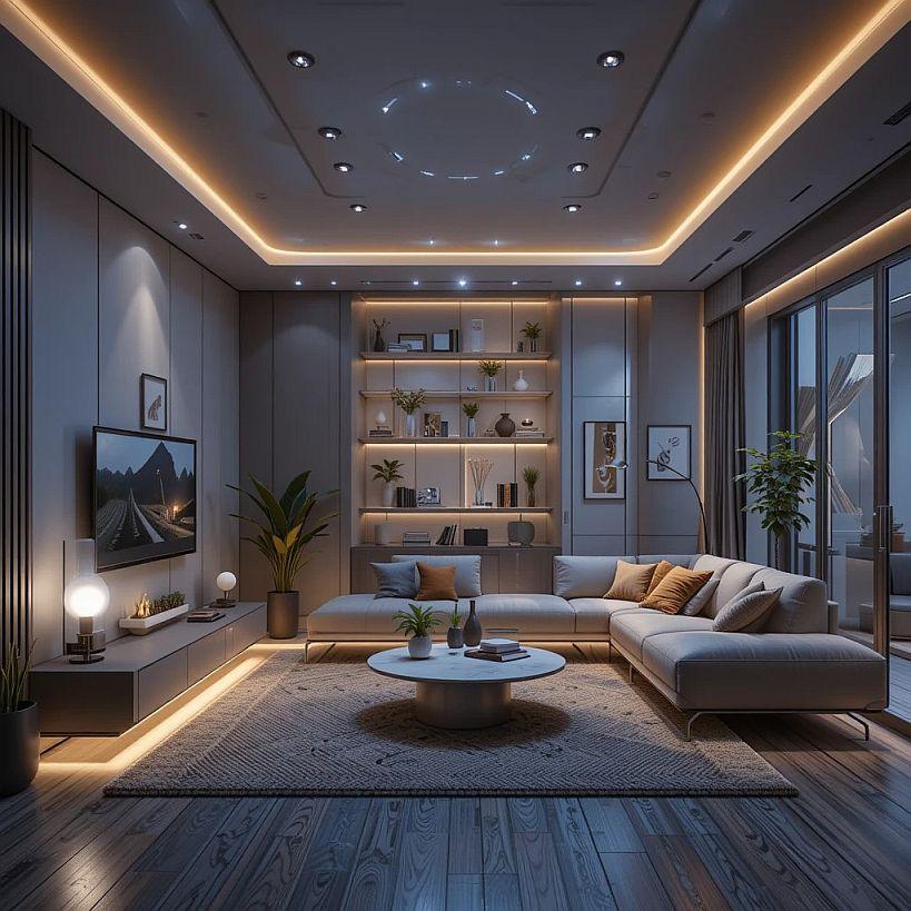 Smart living room 2025 with cozy lighting and modern design