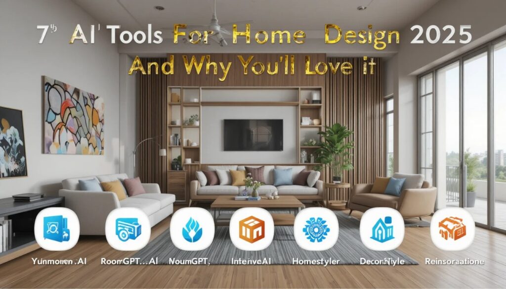 Modern living room with smart furniture and AI icons representing the best home design tools of 2025.