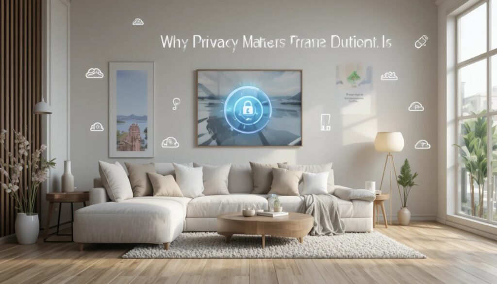 Modern smart living room showcasing privacy-focused AI home technology.